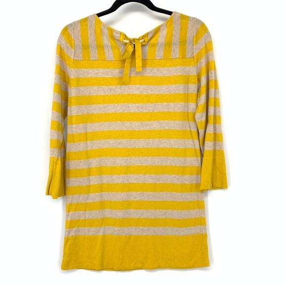 Loft 3/4 Sleeve Pullover Sweater Womens Sz M Yellow Beige Striped Tie Back Neck - Picture 2 of 7